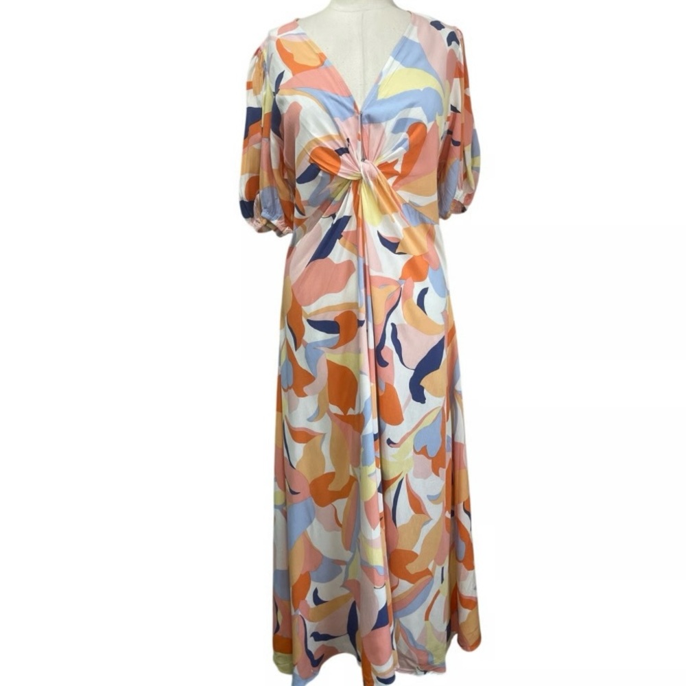 White Closet Elements Abstract Floral Midi Dress XS Twist Front Puff Sleeve - Picture 3 of 13